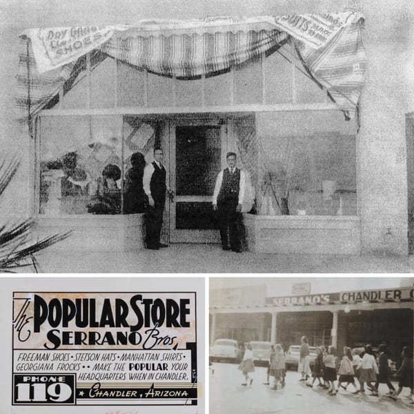 Black and white collage of Serrano's Mexican restaurant's historical storefronts and an old advertisement.