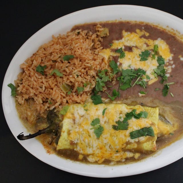 CHILE RELLENO WITH RICE & BEANS.